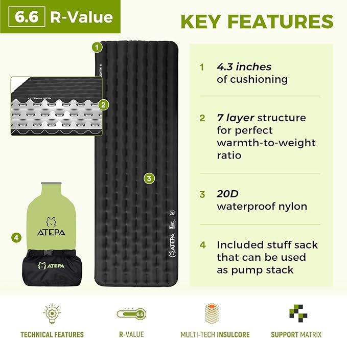 ATEPA ThermAir Pro Backpacking Sleeping Pad, 6.6 R-Value Insulated Ultralight Inflatable Sleeping Pad Camping Pad with 7 Layers & Storage Bag for Camping Backpacking, Wide Long Size (78"x27"), Bllack