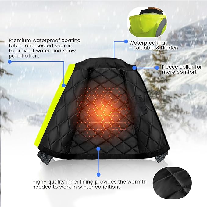 High Vis Safety Jackets, Reflective Work Jacket with Pockets for Men& Women, Construction Coats for Cold Weather, Waterproof Rain Jacket, Class 3, Yellow-Black, XXL