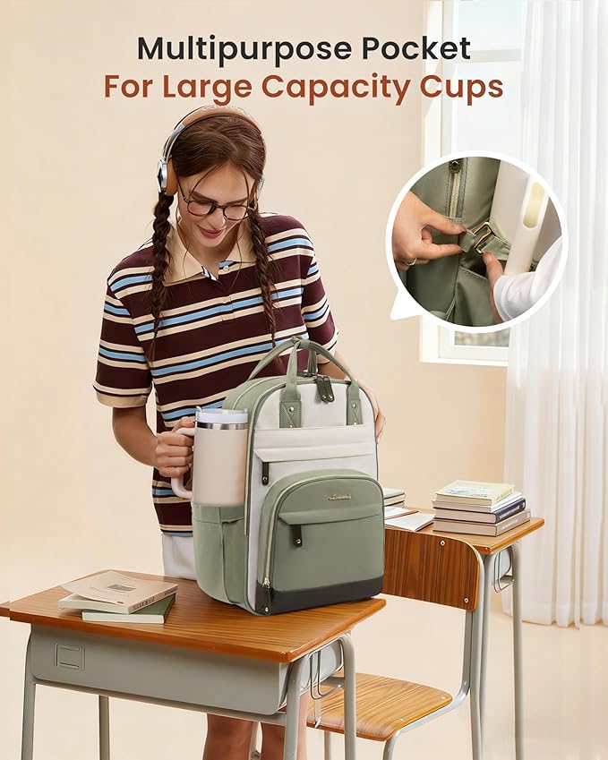LOVEVOOK Laptop Backpack Women with Giant Cup Holder,18.4 inch Waterproof Work Travel Backpack Computer Laptop Bag,Cute College Nurse Teacher Backpack Purse,Gifts for Women & Men,Been green-Beige-Cyan