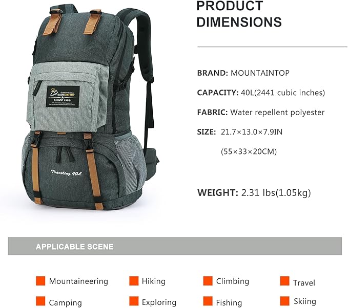 MOUNTAINTOP 40L Hiking Backpack Lightweight Travel Backpack for Men&Women Outdoor Camping Backpacking