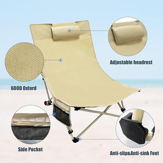 Oversized Backpack Beach Chairs 2 Pack with 4 Position Lay Flat Portable Low Camping Chairs with Headrest&Side Pocket Folding Reclining Chairs for Beach Lawn Outdoor
