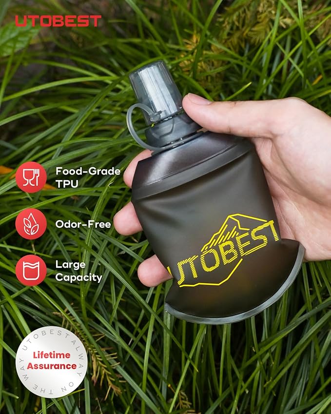 UTOBEST 150ml Soft Flask, 2 Pack Flexible TPU Hydration Water Bottle, Collapsible with 28mm Caliber for Running, Hiking, Cycling, Climbing, and Marathon Yellow