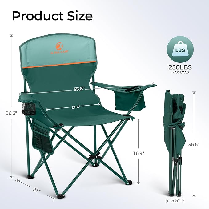 ALPHA CAMP Camping Chair 2 Pack Portable Chair with 3-Can Cooler Folding Chair with Side Pocket and Cup Holder, Collapsible for Camping, Tailgates, Beach, Fishing and Sports,2PC