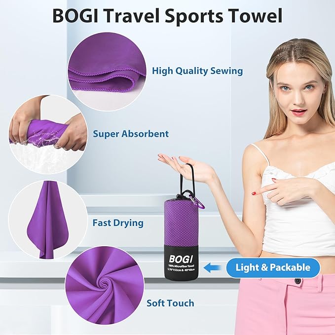 BOGI Microfiber Travel Sports Towel-Quick Dry Towel, Soft Lightweight Microfiber Camping Towel Absorbent Compact Travel Towel for Camping Gym Yoga Swimming Backpacking (XL:72''x32''+16''x16''-Purple)