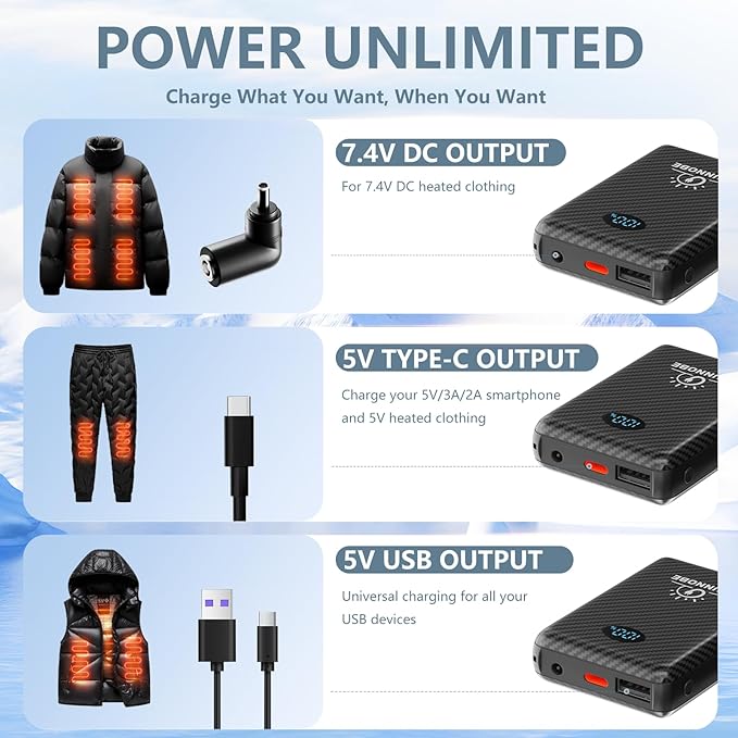 Battery Pack for Heated Vest, 7.4V/5V 10000mAh Power Bank for Heated Vest with DC/USB/Type-C Output and LED Display for Heating Clothing and Phones