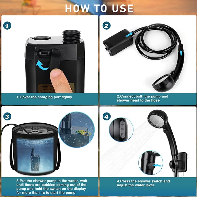 Portable Shower for Camping, Rechargeable Camping Shower with Collapsible Bucket with Handle 20L Intelligent LED Display, 4 Spray Modes, Outdoor Shower Kit for Hiking, Travel, Car, Pet 【Black】