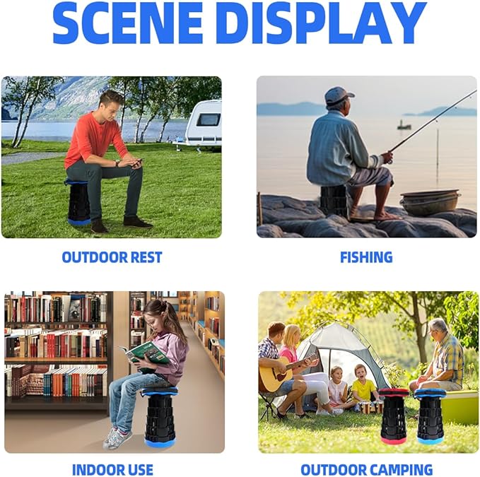 Portable Collapsible Stool - 4 Pillars Large Weight Capacity Travel-Friendly Folding Stool, Easy to Use Lightweight Telescoping Seat for Outdoor Activities, Camping & Hiking (Blue)