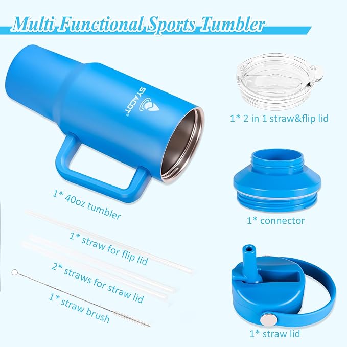 40 oz Tumbler with Handle and Straw or Convert to 40 oz Insulated Water Bottle Fits in Cup Holder. Stainless Steel Metal Water Flask with 2 Lids for Travel,Camping,Gym Sports Coffee Mug Thermal Cup