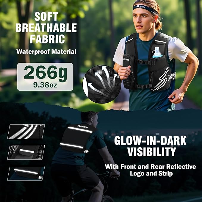 Running Vest for Women Men, Running Hydration Vest with 500ml Soft Flask & Touch-Screen Phone Pocket, Reflective Lightweight Hydration Backpack for Hiking with Adjustable Chest Waist Straps