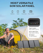 60W Portable Solar Panels, Foldable Solar Panel Charger for Portable Power Station(Under 500W), with Adjustable Kickstands, DC 18V Output, USB 3.0 and Type-C Ports for Camping Van RV Trip