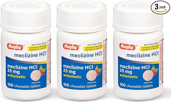 Rugby Meclizine Chewable Tablets 25mg - Anti-Nausea Medicine Helps with Motion Sickness - 100 Count (3 Pack)