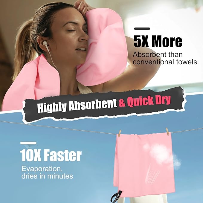 Quick Dry Travel Towel, 3 Sizes 1 Pack Camping Microfiber Towel, Lightweight Fast Drying Towels Set 60"x30", 30"x15", 15"x15" w/Bag for Gym, Beach, Hiking, Swimming, Pink