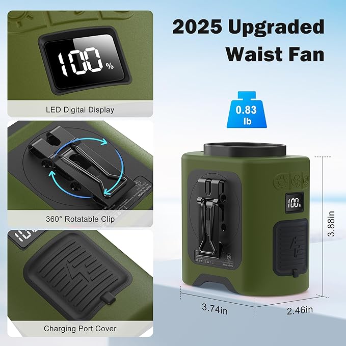 PANERGY Portable Waist Fan, 67H Runtime Wearable Fan with 4+1 Speeds, Storm Mode, 14500mAh Rechargeable Belt Fan with Dual Clip, Flashlight for Outdoor Jobsite(Army Green)