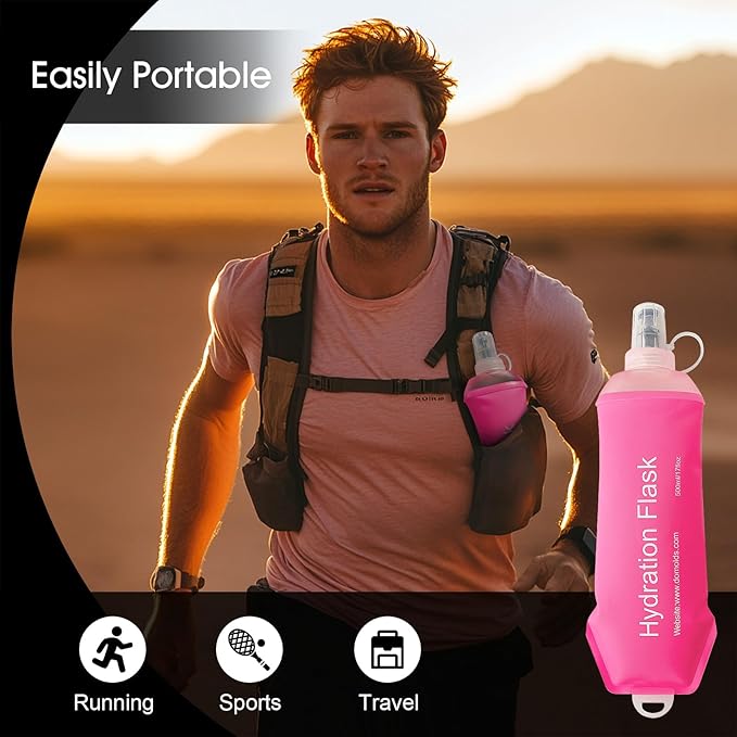 WILDREEDS 500ml Soft Flask, TPU Collapsible Soft Water Bottle for Hydration Pack, Running Vest, Folding Water Bottle for Hiking Cycling Climbing-1Pcs, Pink