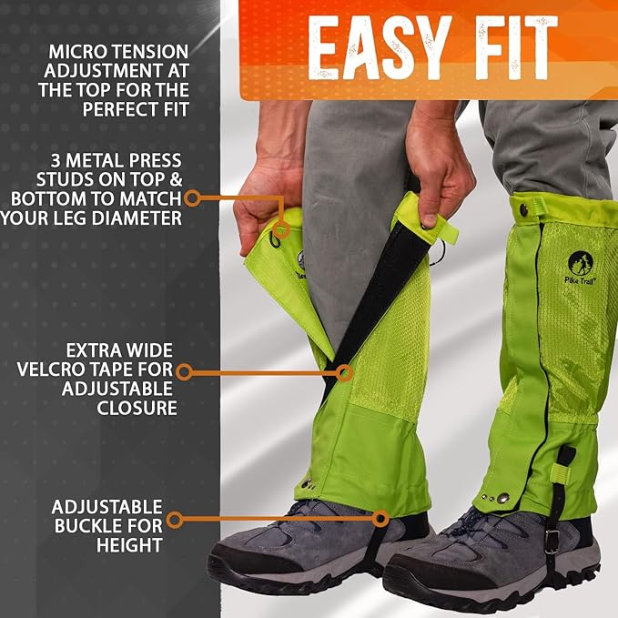 Pike Trail Adjustable Leg Gaiters - Lightweight, Waterproof - Leg Guards for Men & Women - Hiking Essentials Ideal for Hunting, Trekking & Fishing - 1 Pair