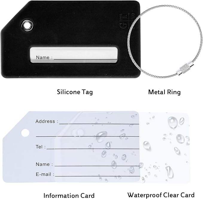 14 Pack Silicone Luggage Tag for Suitcases with Stainless Loop, TSA Approved, Privacy Protection Travel Essentials Bag Tags by Gostwo, Black