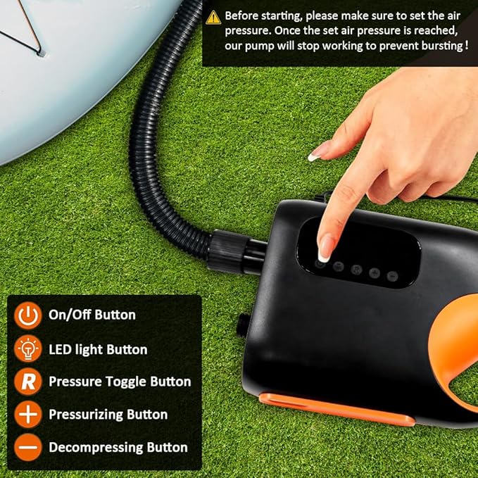 20PSI Paddle Board Pump-Portable Electric SUP Air Pump, Dual Stage Inflation & Deflation SUP Pump, 110W Paddleboard Pump with Auto-Off Function & 12V DC Car Connector for Paddle Board, Kayaks