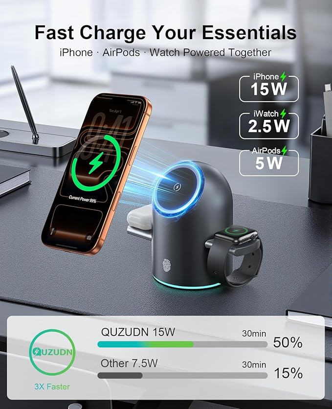 3 in 1 Wireless Charging Station for Apple Multiple Devices, 15W Magnetic Auto-Rotating Charger Stand, Touch Hidden System Wireless Charger Stand for iPhone 17 16 15 14 13 12, Apple Watch, AirPods pro