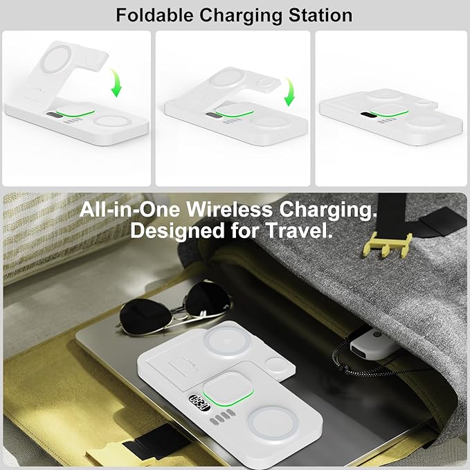 Dual Phone Magnetic Wireless Charging Station for Apple Devices/Apple Ecosystem,with Auto-Switch 7-Color Light & Clock, Compatible with iPhone 17/16/15, for iWatch 11/10/9 & AirPods Pro3（White）