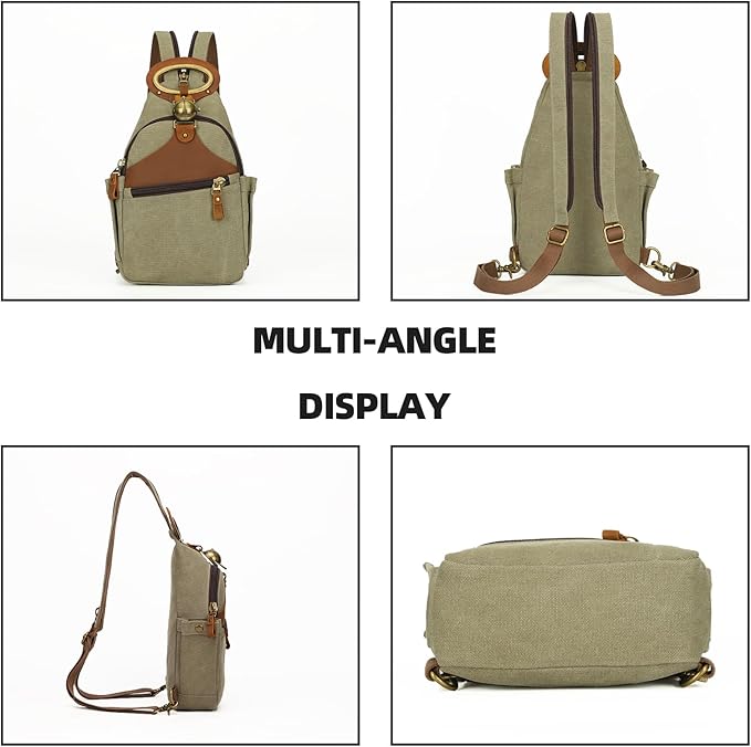 KouLi Buir Canvas Sling bag,Small Crossbody Backpack,Convertible Chest Bag Casual Daypack For Outdoor Cycling Hiking Travel (B3611-Olive Green-N)