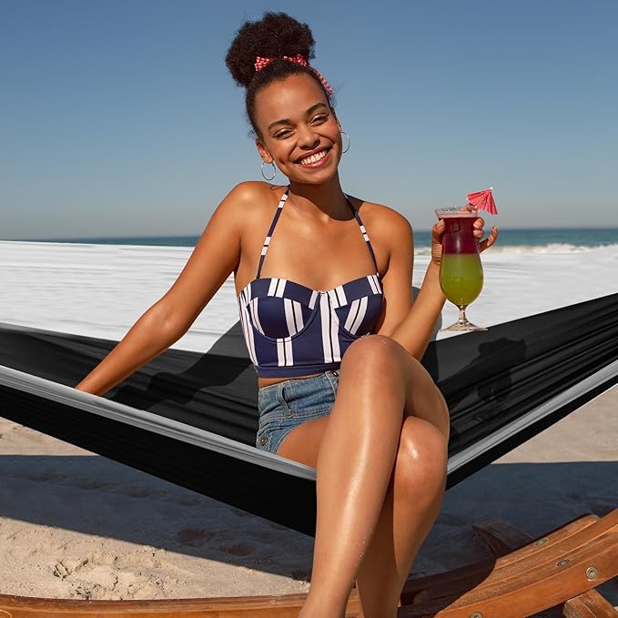 Camping Hammock,Camping Essentials,Lightweight Portable Double & Single Hammock with Tree Straps, Camping Gear for Outside Hiking Camping Beach Backpack Travel (Black & Grey, Medium)