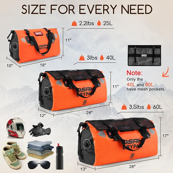 Waterproof Duffel Bag - Motorcycle Dry Bag Tail Bag with Large Storage Space, Waterproof Luggage Duffle Bags with Outer Mesh Zipper Pocket for Camping, Kayaking, Fishing & Traveling