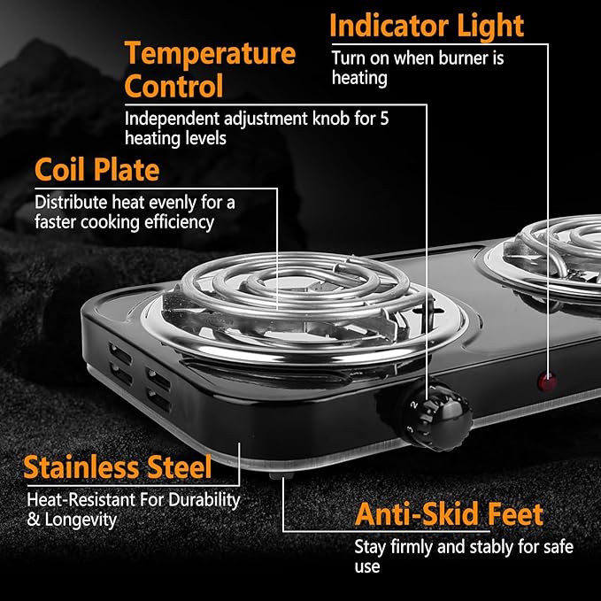 Hot Plate, 2000W Portable Electric Stove for Cooking with 5 Levels Adjustable Temperature & Dual Control, Countertop Double Coil Burner Cast Iron Cooktop for All Cookwares Home Camp RV, Black