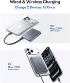 Baseus Picogo 0.5" Ultra Slim 10000mAh 27W Fast Charging Magnetic Battery Pack Bundle with 20000mAh Compact Portable Charger 45W, CCC Certified Power Bank Built-in USB-C Cables
