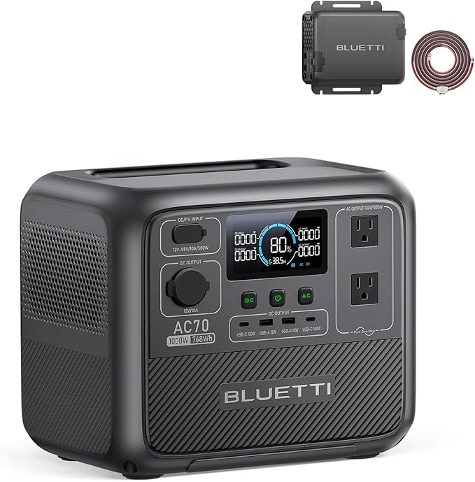 BLUETTI AC70 Solar Generator with Charger 1 (Ships Separately), 768Wh LFP Backup, 560W Alternator, DC-DC Charger for Portable Power Station, 2H Full Charge via Car, for Road Trips, Off-grid Use