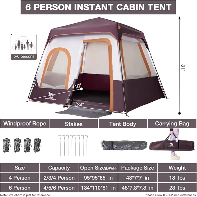 Camping Tents 4/6 Person Pop Up Instant Tent - Setup in 60s for Family Camping, Windproof Design, Family Cabin Tent with Rainfly & Backpack Carry Bag