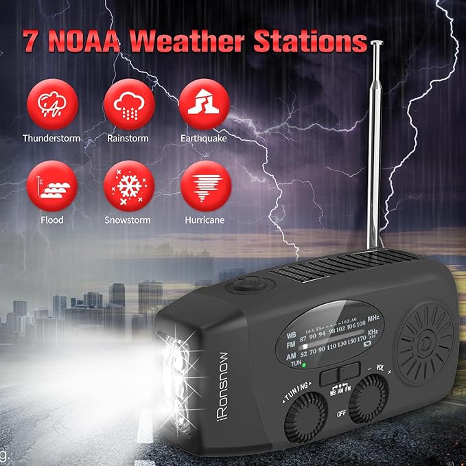 Solar Emergency NOAA Weather Radio Dynamo Hand Crank Self Powered AM FM WB Radios 3 LED Flashlight 2000mAh USB Smart Phone Charger Power SOS Alarm (Black)