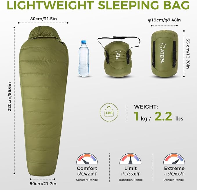 ATEPA Down Sleeping Bag, 700FP Mummy Cold Weather Ultralight 3 Season Compact Packable Waterproof Sleeping Bag with Stuff Sack for Backpacking Camping Hiking Traveling