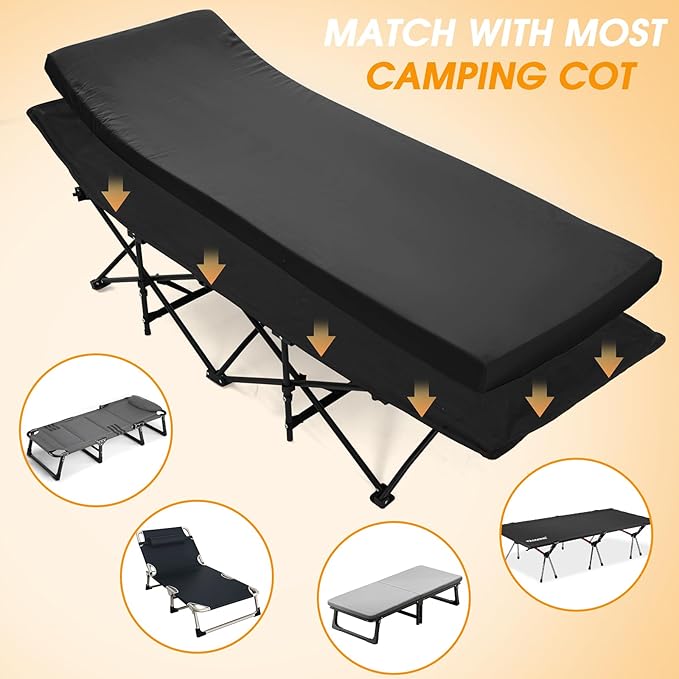 CYMULA Camping Cot Mattress 2in Memory Foam Sleeping Pad,Soft Warm Non-Slip Camping Mattress Topper with Retaining for Adults,Portable Roll up Pad for Travel(75 x30)（only Mattress）