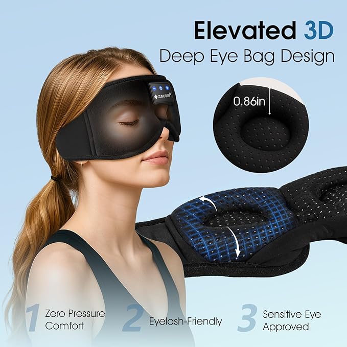 ZUMUSEN Bluetooth Sleep Headphones, 3D Wireless Music Eye Mask with Ultra-Thin Stereo Speakers, Adjustable Sleep Mask for Side Sleepers, Perfect for Travel, Meditation, Relaxation