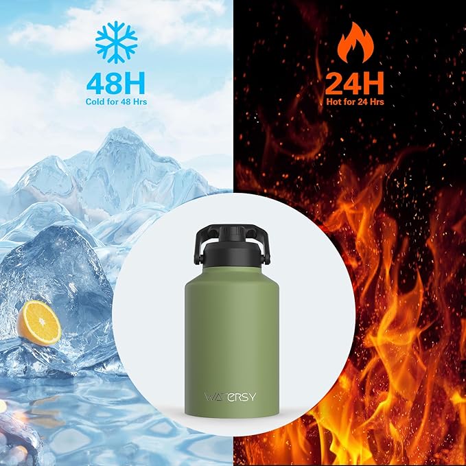 WATERSY 1 Gallon Water Bottle Insulated(Cold for 48 Hrs),BPA Free&Leak Proof,128oz Stainless Steel Water Jug,Big thermo,Large Water Bottle with Handle for Gym,Hiking,Camping&Travel,Olive Green