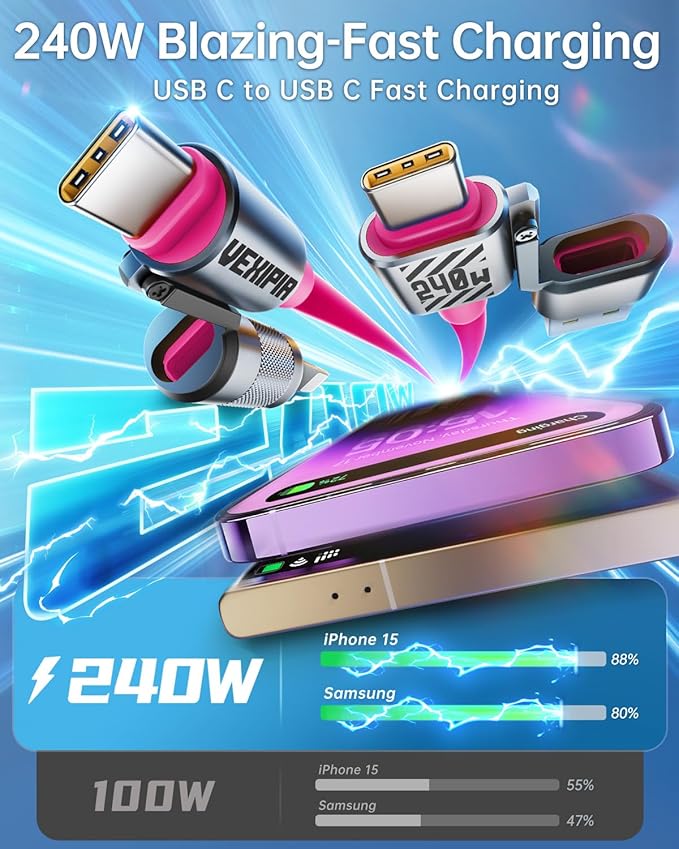 4 in 1 USB C Cable 240W 5FT Fast Charging & Data Transfer, Thicker Silicone Multi Charger Cord for iPhone iPad Charger Wire Combo with L/Type C/USB A for iPhone 16/15/Macbook (Pink)