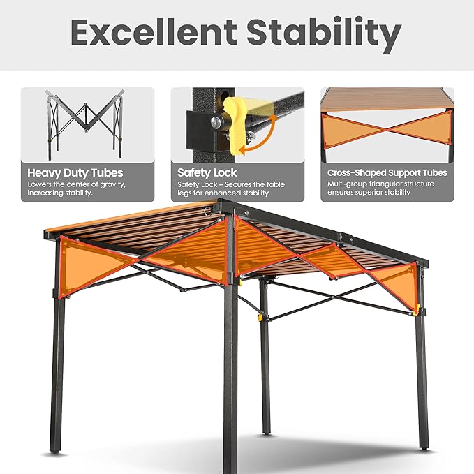 Large 46.4" Camping Table for 2-6 People - 220lbs Capacity Heavy Duty Foldable Outdoor Table with Aluminum Roll-Up Top & Carry Bag, Portable Picnic Desk for BBQ, Tailgating, Backyard (Natural)