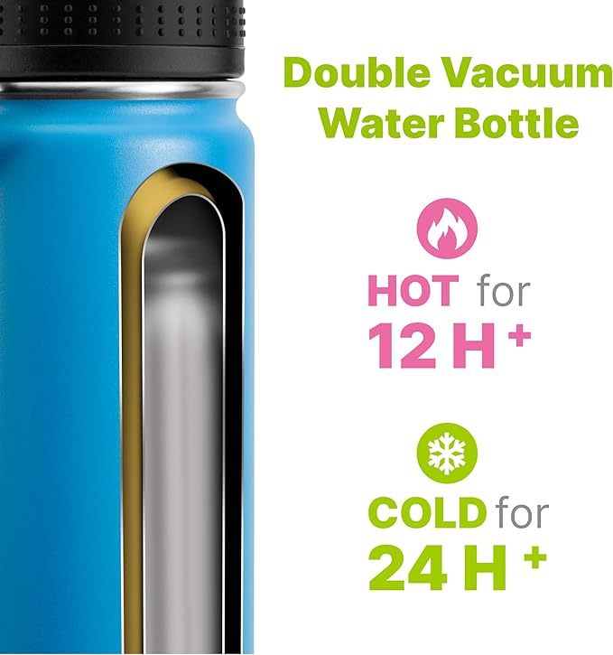 Kids Insulated Water Bottle-16 oz Stainless Steel Vacuum Wide Mouth Sports Flask with Silicone Boot-Reusable Metal Leak Proof Travel Water Bottle for Girls Boys, BPA-Free(Sky Blue)