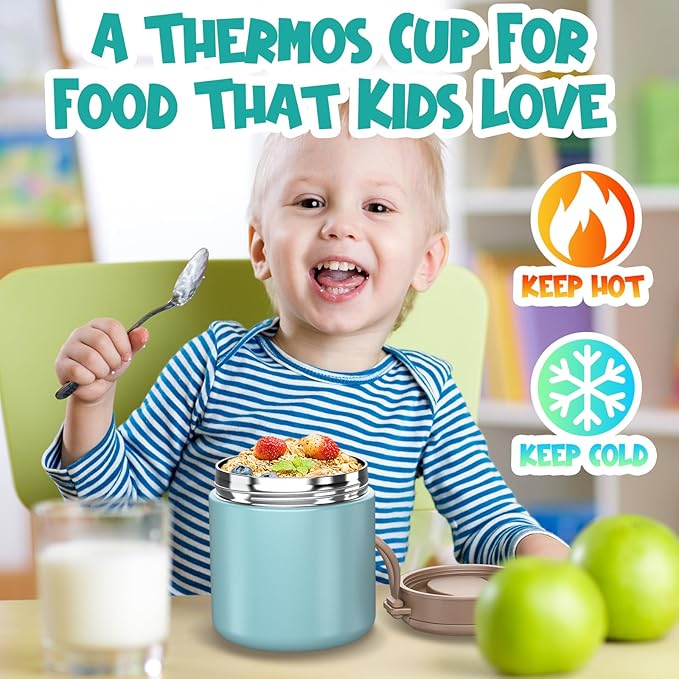 Insulated Food Jar for Kids - 15.2 Oz, Thermo for Hot Food, Soup Thermo, Insulated Food Container, Termos Para Comida Caliente, Width Mouth Stainless Steel Lunch Box with Spoon, Blue