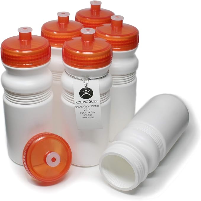 Rolling Sands USA Made 20 Ounce Sports Water Bottles - 6-Pack BPA-Free Blank Sports Bottles for Small Teams, Adults & Kids - White Bottle/Orange Lid, No Smell No Taste