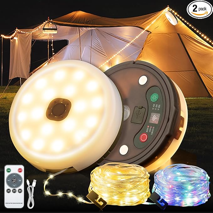 2-Pack Camping String Lights with Remote Control, 4 in 1 Outdoor Camping Lantern (32.8Ft) with Quick 30s Recovery, Waterproof, Type-C Fast Charging, Portable Camping Lights for Camping/Yard/Hiking