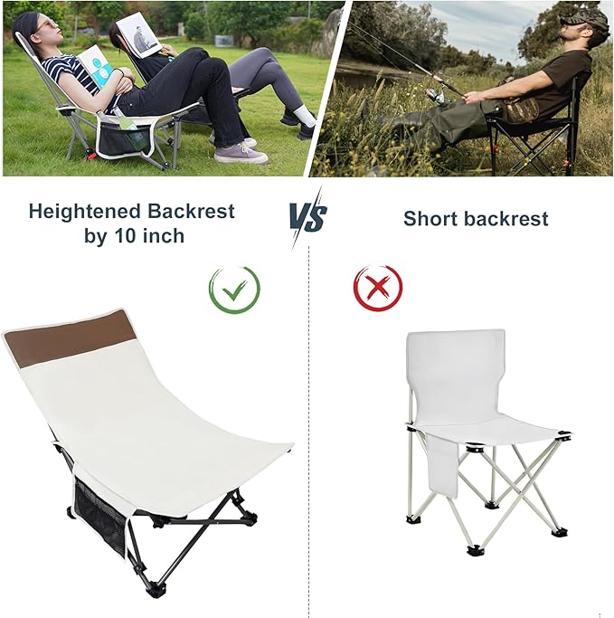 Compact Backpack Beach Chairs 2 Pack with Adjustable Backrest & Side Pocket, Low Folding Camping Chairs for Adults, Portable Reclining Chairs for Beach, Lawn, Travel