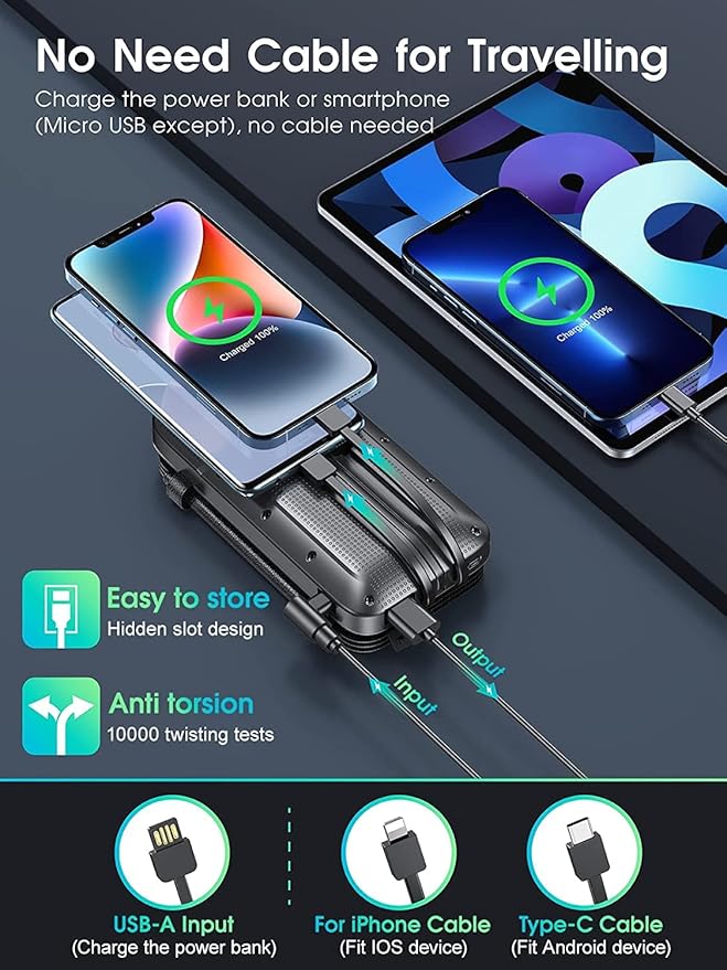 Solar Charger, Power Bank, Portable Charger,43800mAh QC3.0 Fast Charger Qi 10W Wireless Charger 4 Solar Panel Built-in 2 Kinds Output Cable and 680Lumen flashlights