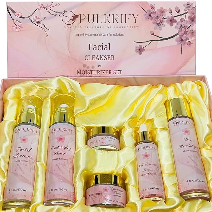 Luxurious Korean Style Cherry Blossom Facial Cleanser & Moisturizer Set Facial Cleanser, Moisturizer, Revitalizer, Serum, Rejuvenator, Eye Cream, Daily Skincare Routine, Retinol-Free, All-skin types