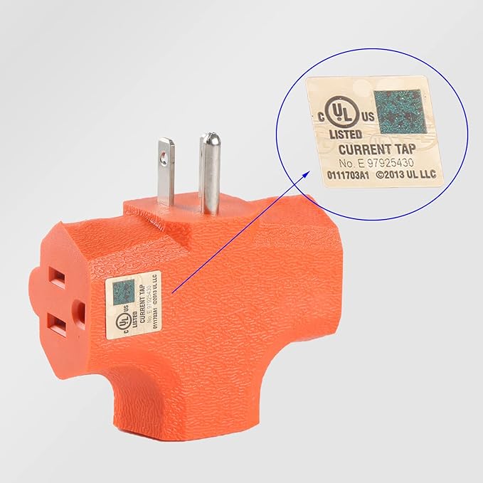 3 Outlet Adapter [UL Listed] 3 Way Outlet Splitter - T-Shaped Adapter Outdoor Power Splitter Grounded Wall Tap Heavy Duty (4, Orange)