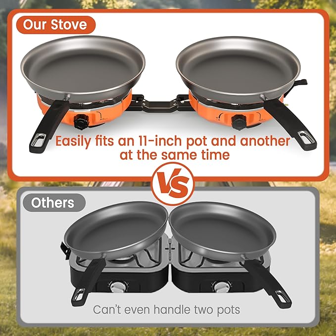 20,000 BTUs 2 Burner Propane Camping Stove, Portable Folding Camp Stove with Adjustable Burners, Regulator and Carrying Bag, Dual Gas Stoves Easy Carrying Handle for Tailgating, Camping, BBQ