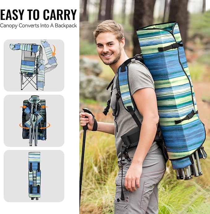 Folding Camping Chair with Reinforced Shade Canopy Comfortable Wide Seat with Cup Holder and Side Pocket Portable Outdoor Chair for Beach Fishing Sports Lawn Supports 350 LBS