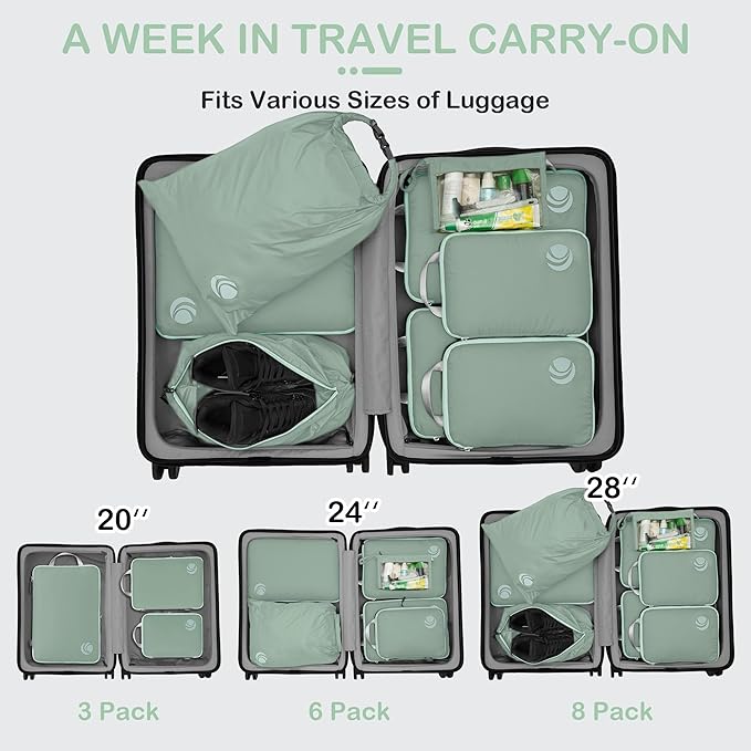 Cipway Compression Packing Cubes, Lightweight Travel Luggage Organizers with Shoe, Toiletry & Laundry Bags, Travel Essentials for Carry-on Suitcase (8 Piece, Sage Green)