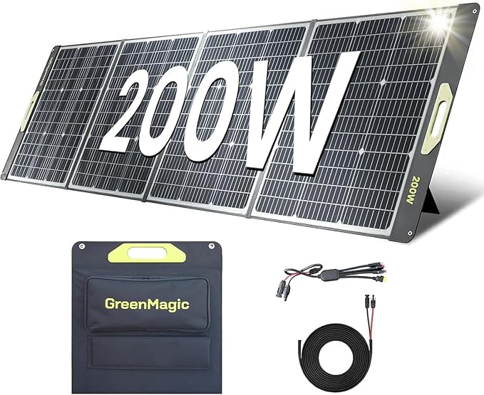 Solar Panel 200 W Portable for Power Station Generator, Greenmagic 20V Foldable Fast Charging Waterproof Adjustable Kickstands for Outdoor Phones, Laptops, Boat, RV Trip