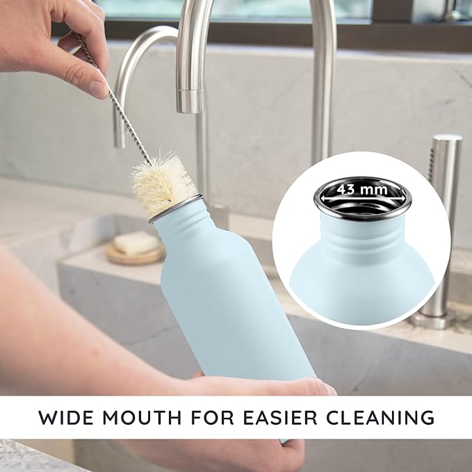 Bambaw Metal Water Bottle 16 oz - Light Blue for School, Non-Insulated Single Walled Stainless Steel, Reusable, BPA Free - Ice Blue